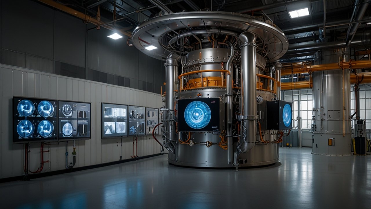 Fusion Reactor tokamak chamber containing superheated plasma with visible magnetic confinement system