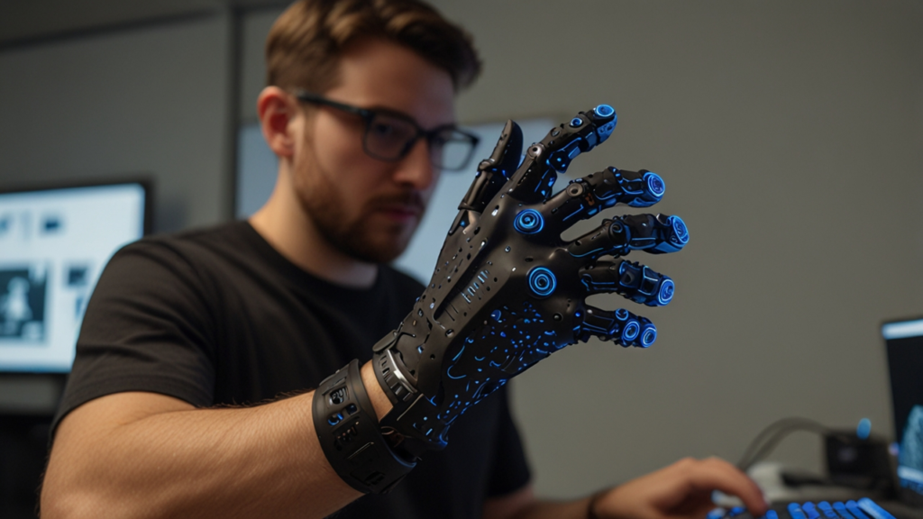 Haptic Glove device providing precise tactile feedback for virtual object manipulation with visible actuator system