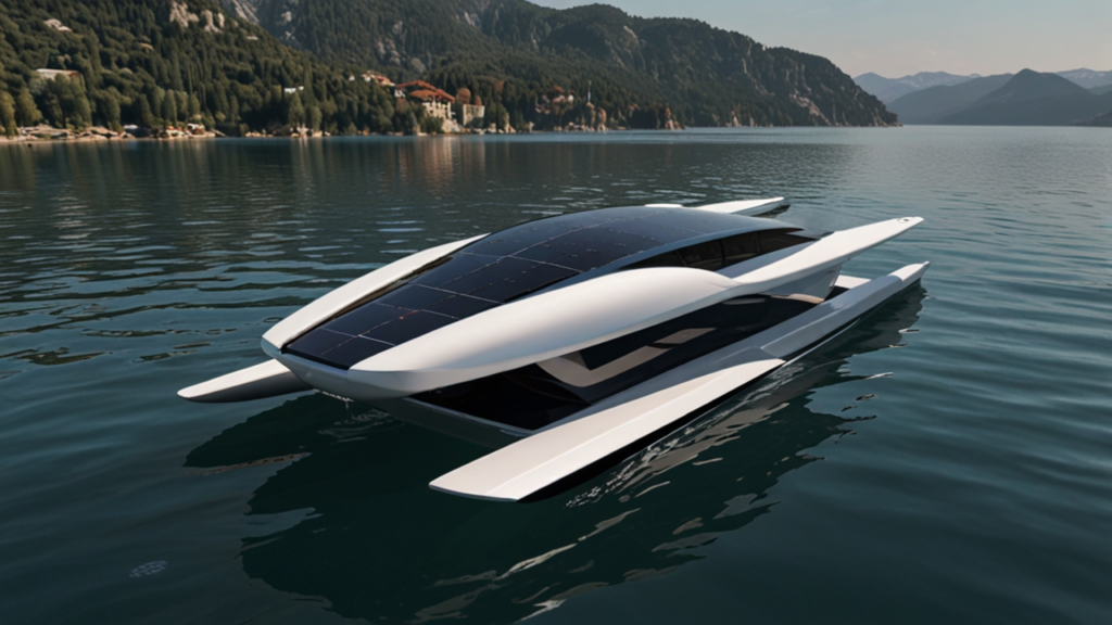 Hydrofoil Transport vessel gliding above water surface on extended foils with electric propulsion system