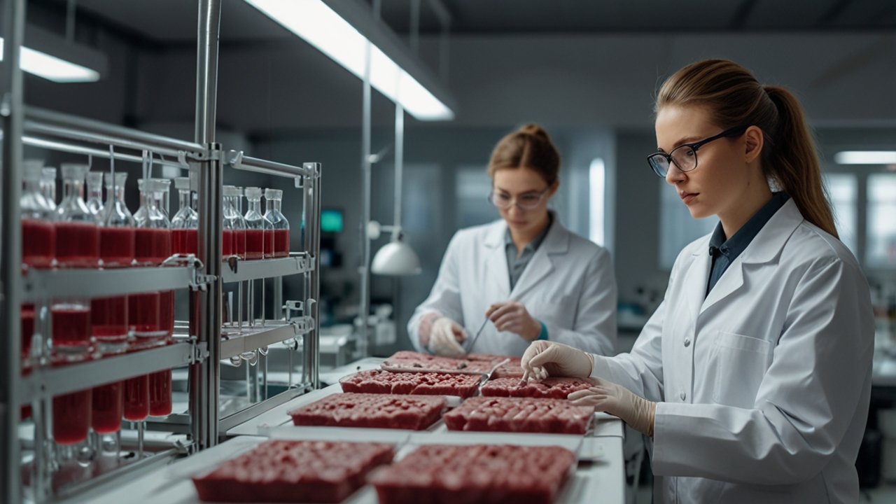 Synthetic Food production facility showing lab-grown meat cells developing into structured protein products