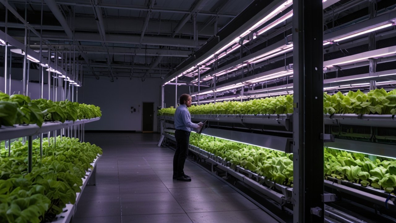 Vertical Farming facility showing stacked growing systems with LED lighting and automated nutrient delivery