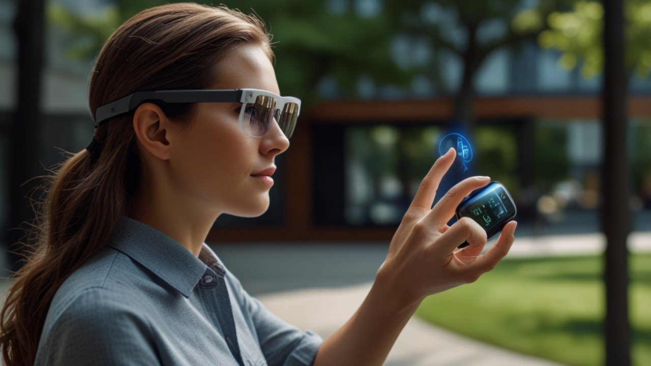 AR Glasses displaying digital information overlaid on physical environment through transparent lenses with spatial awareness