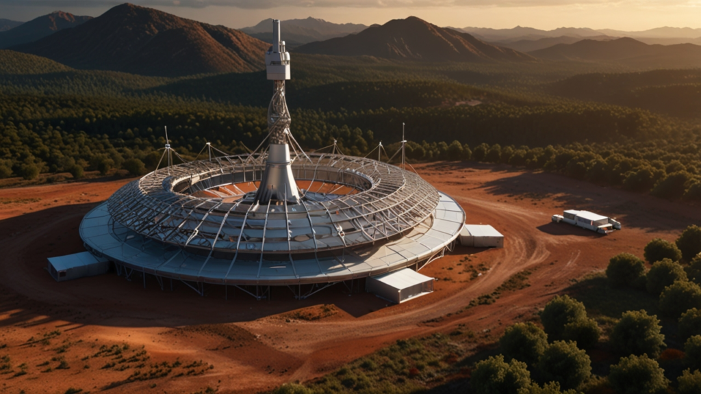 Alien research facility showing advanced radio telescope array with signal analysis technology and exoplanet detection capabilities