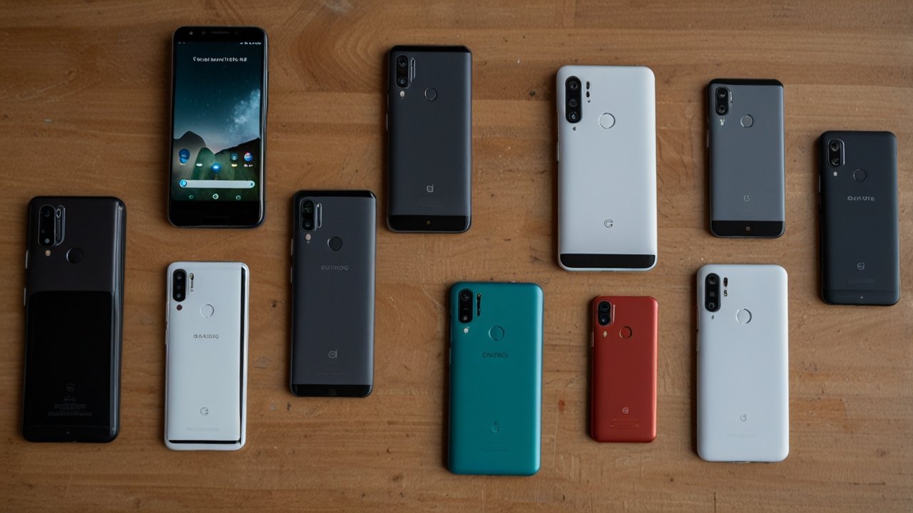 Android Phones displaying diverse hardware designs with customizable interfaces running versatile operating system