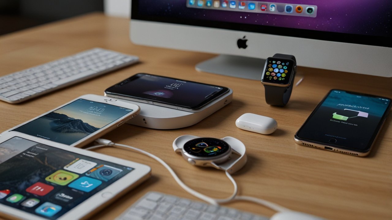 Apple products displaying premium design language with seamless ecosystem integration across devices and services