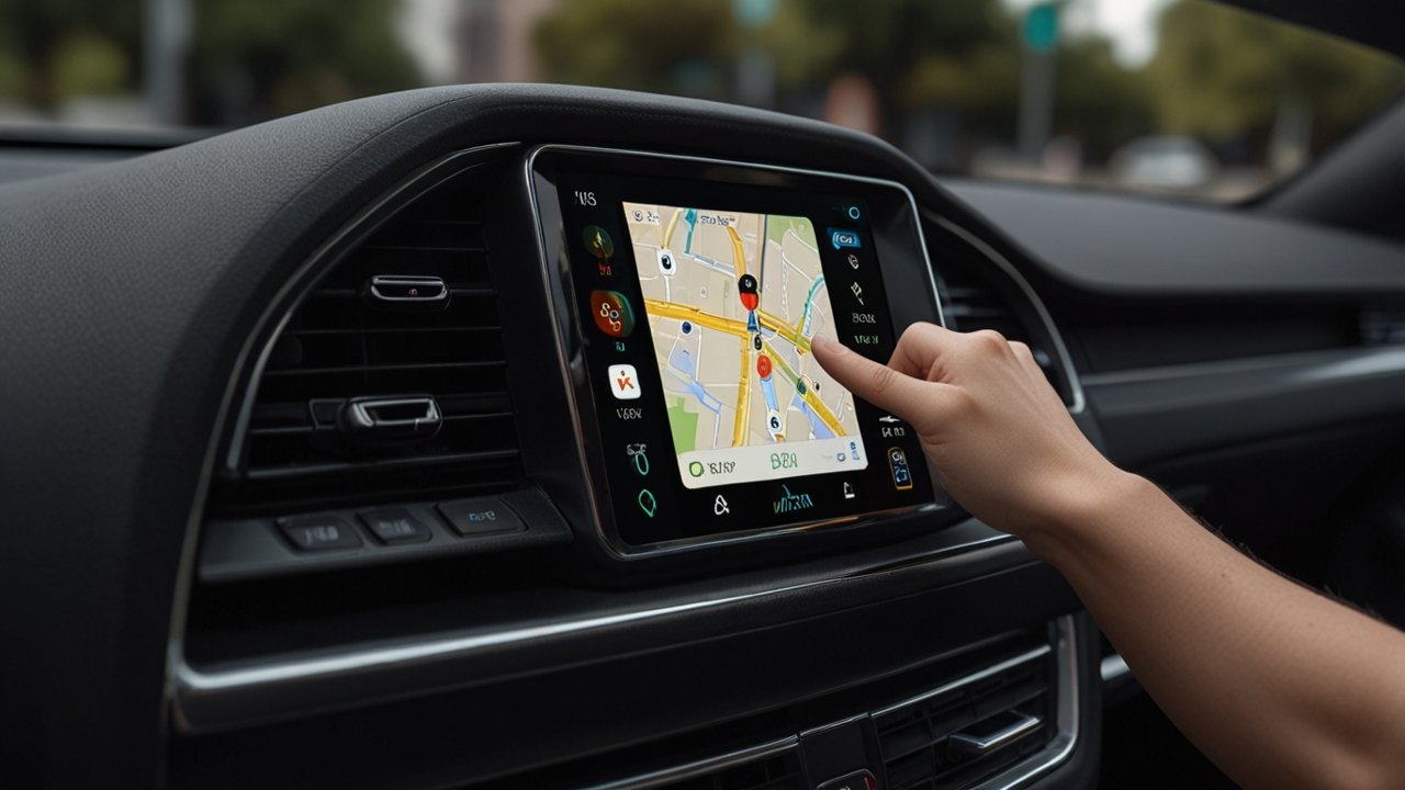 Apple Car Play displaying comprehensive vehicle interface with mapping, communication, and entertainment controls integrated into dashboard
