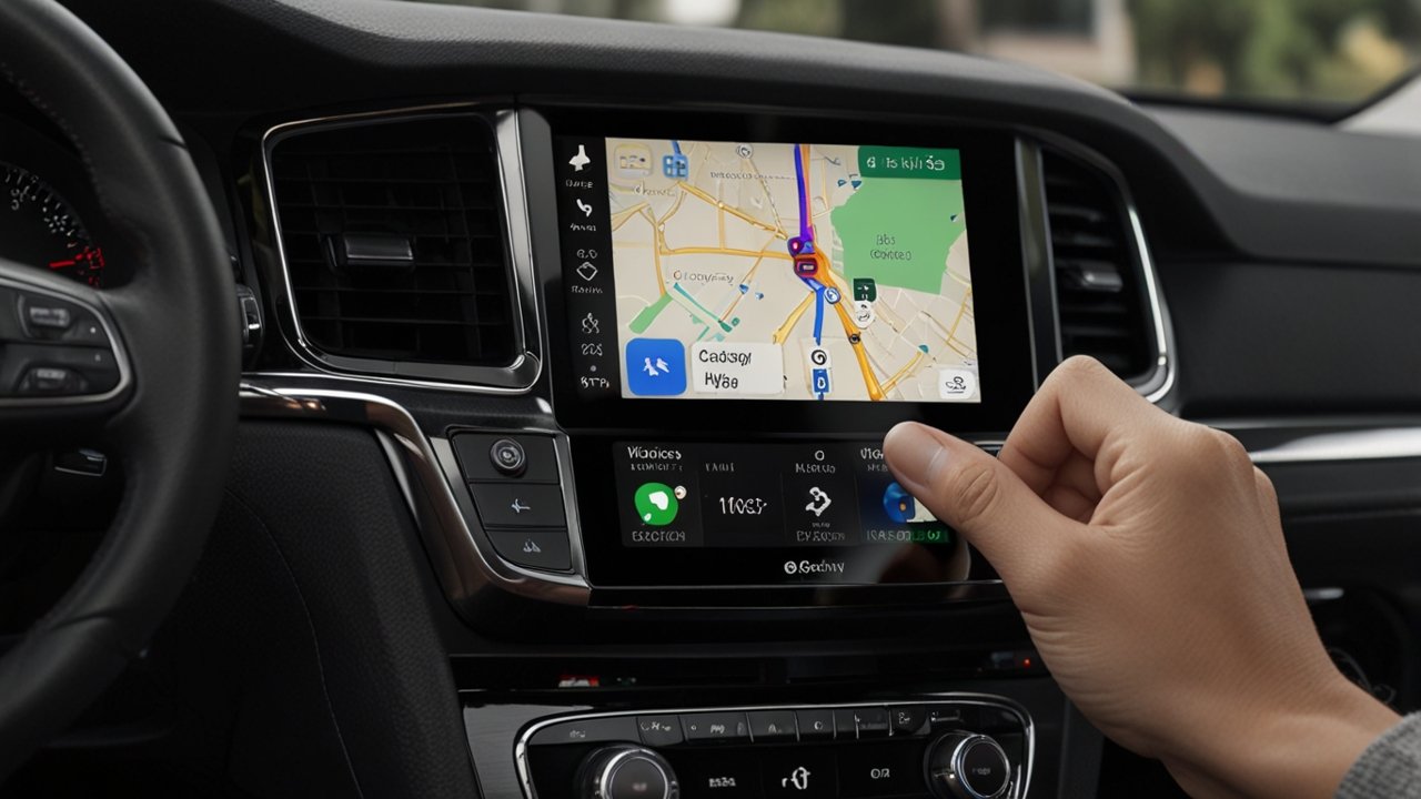 Apple CarPlay interface showing smartphone integration with vehicle dashboard featuring navigation, communication and entertainment applications