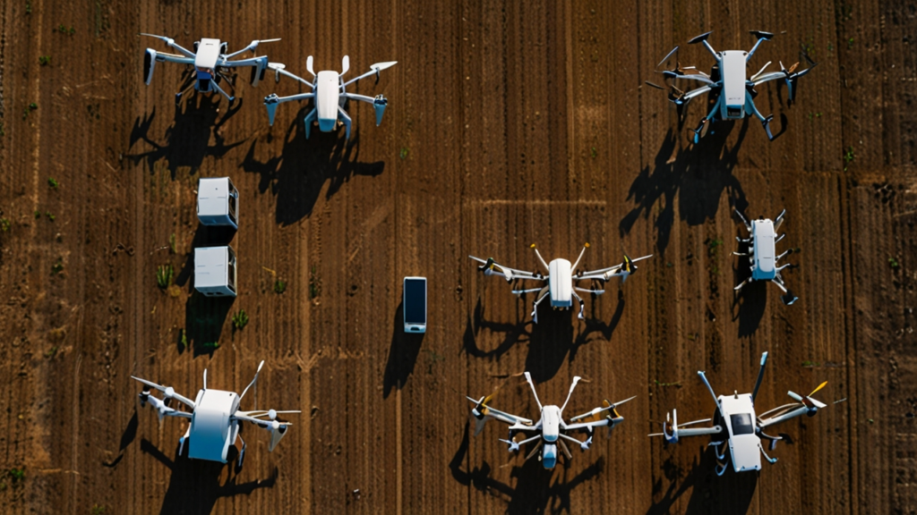 Autonomous Agriculture robots working in precision crop fields with drone monitoring systems