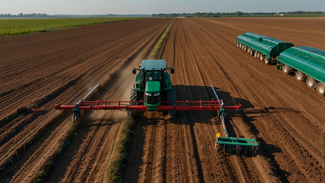 Autonomous Farming operation showing robotic harvesters and drones working together across agricultural fields