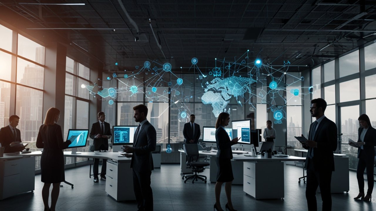 Blockchain Technology visualization showing distributed ledger architecture with verification nodes