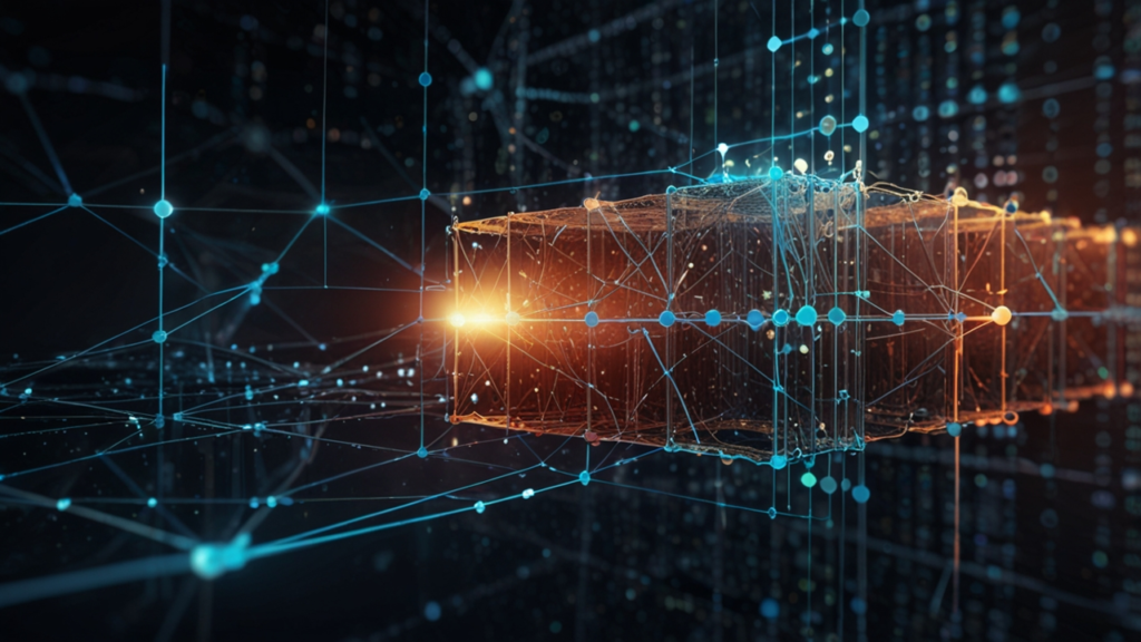 Blockchain Technology showing distributed ledger system with encrypted transaction blocks connected across multiple verification nodes