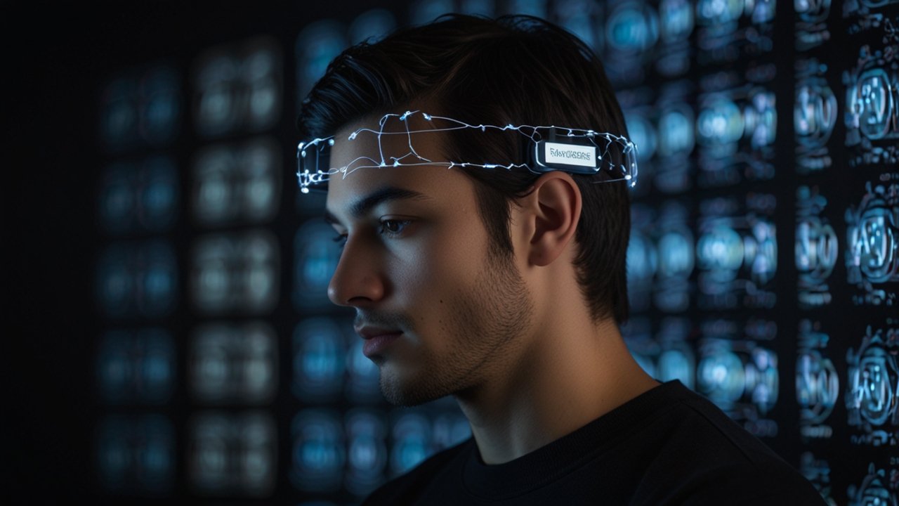 Brain-Computer Interface headset capturing neural signals from user to control digital systems without physical movement
