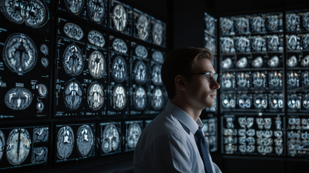 Brain Mapping visualization showing neural connection networks with cognitive function correlation