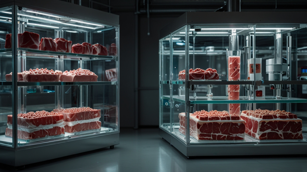 Cellular Agriculture laboratory showing meat cultivation chambers with active tissue growth monitoring