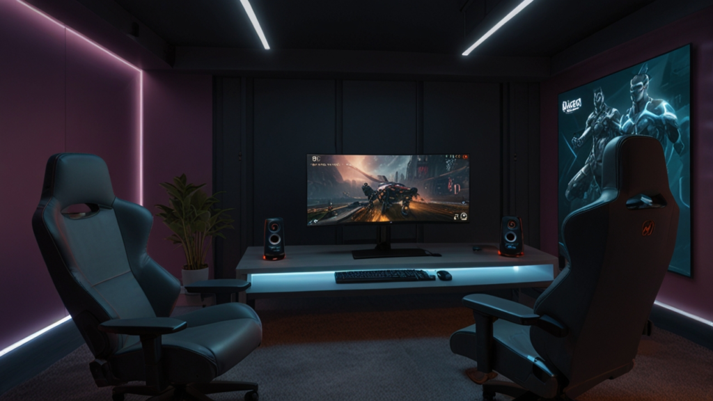 Cozy Gaming setup featuring comfortable ergonomic chair, soft lighting and casual game display creating relaxing entertainment environment