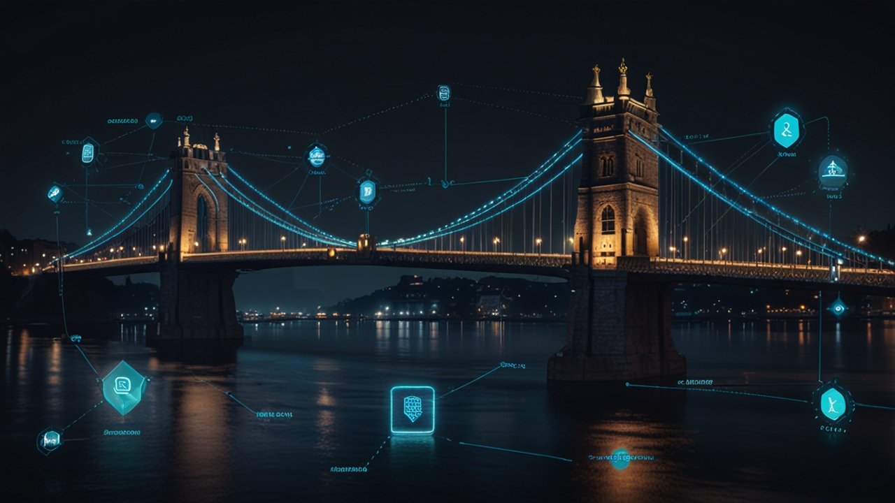 Cross-Chain Bridge interface showing asset transfer between different blockchain networks with security verification