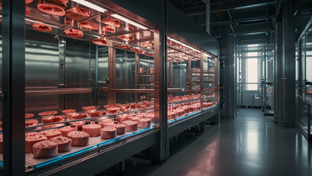 Cultured Meat production facility growing real animal tissue in specialized bioreactors