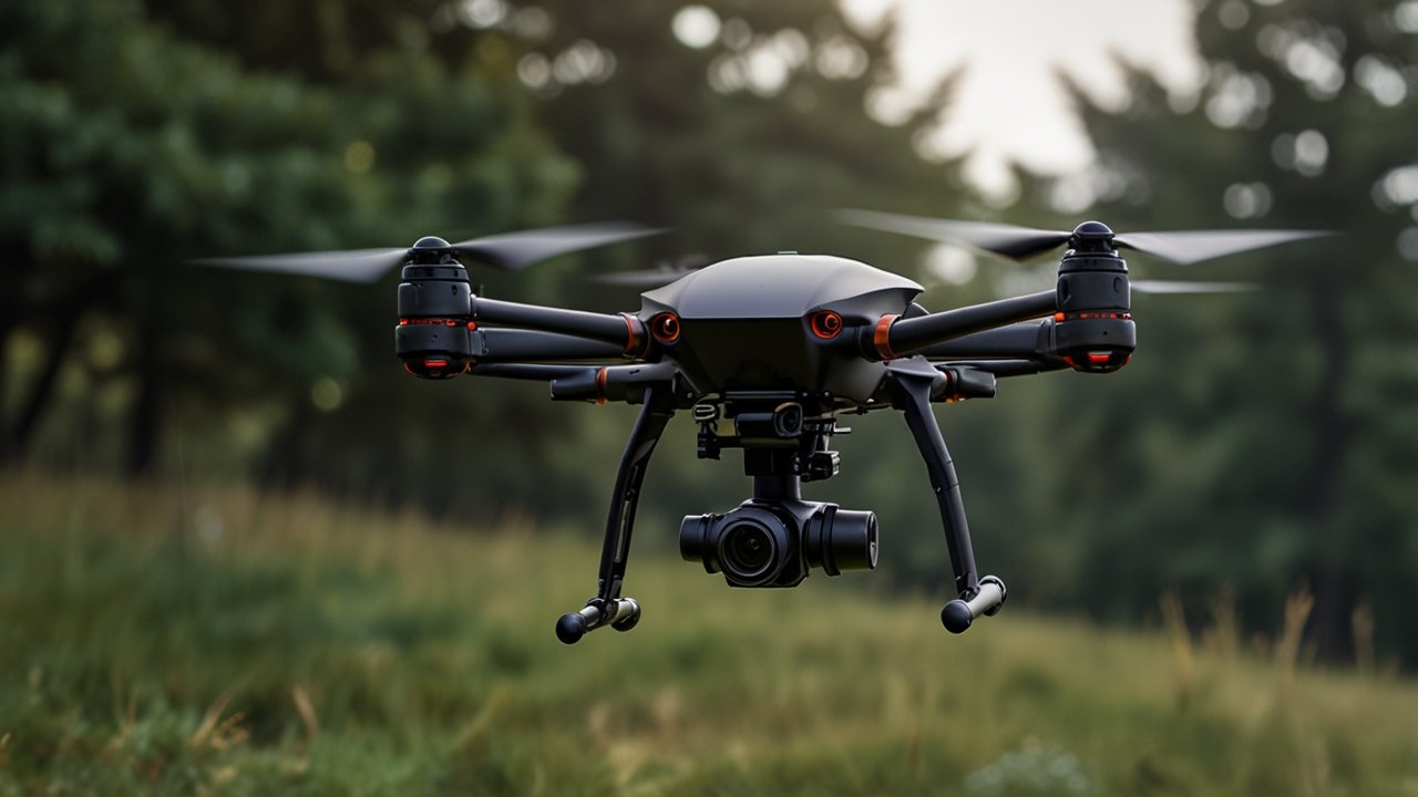 DJI drone capturing aerial footage with sophisticated camera stabilization and autonomous flight capabilities