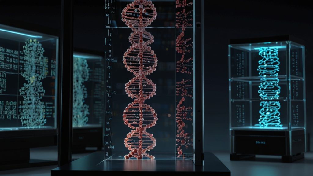 DNA storage capsule with microscopic view of encoded digital data strands preserved in specialized solution