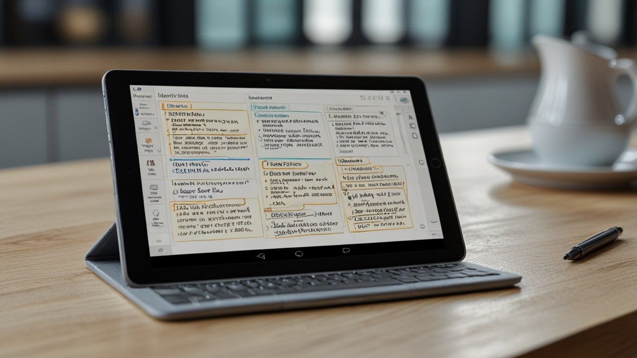 Digital note-taking interface displaying integrated multimedia notes with organizational structure and search capabilities