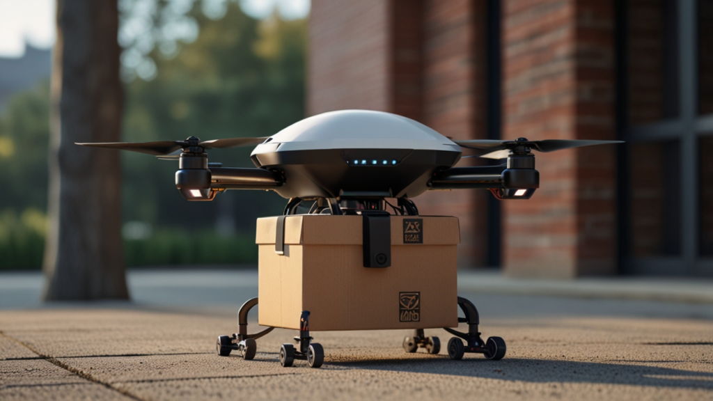 Drone Delivery vehicle transporting package autonomously through air to specific destination