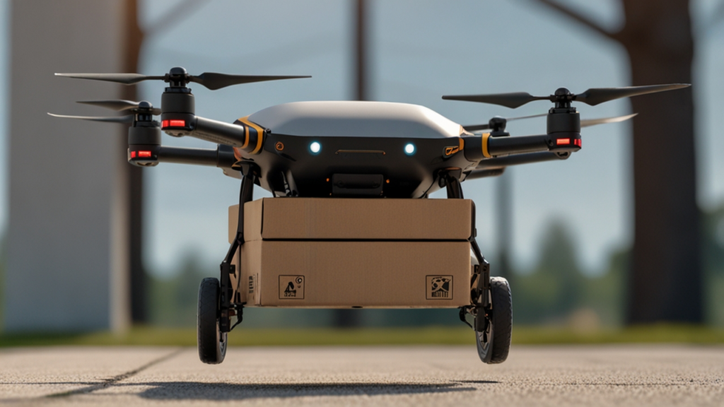 Drone Delivery vehicle transporting package autonomously through air to specific destination