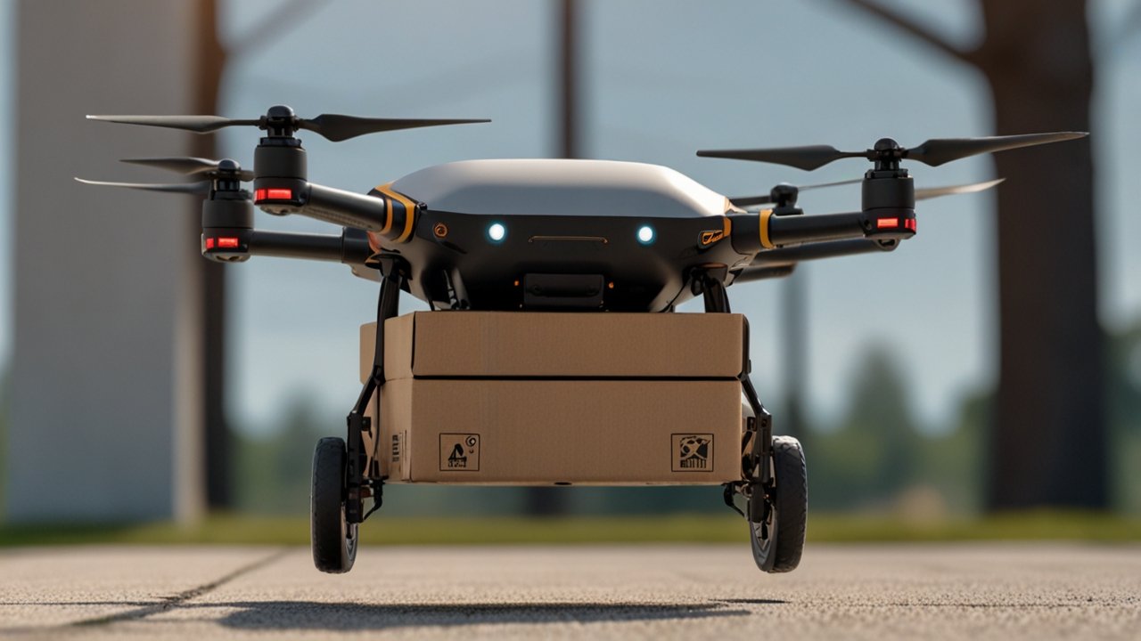 Drone Delivery vehicle transporting package autonomously through air to specific destination