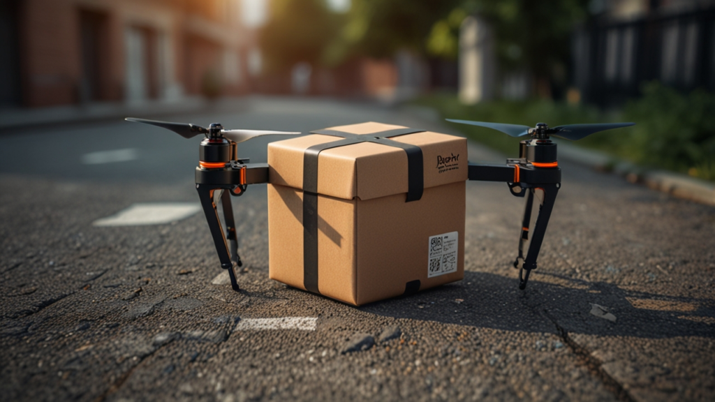 Drone Delivery vehicle autonomously transporting package through aerial route to customer location