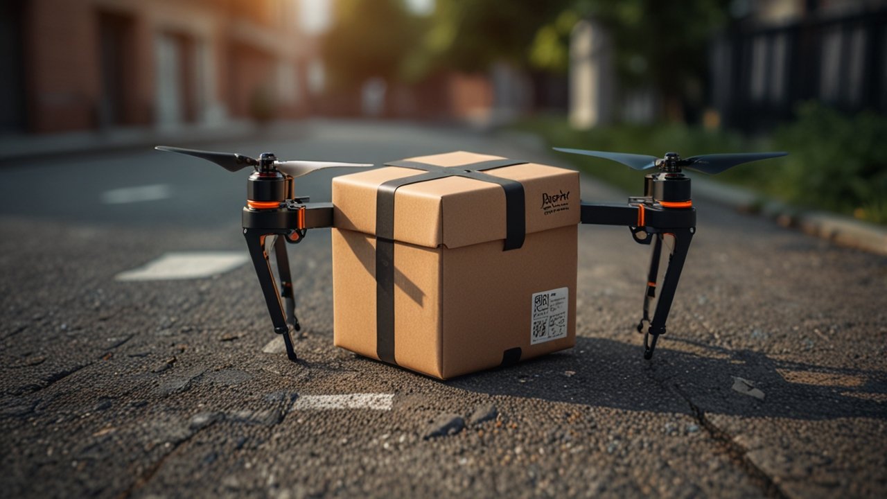 Drone Delivery vehicle autonomously transporting package through aerial route to customer location