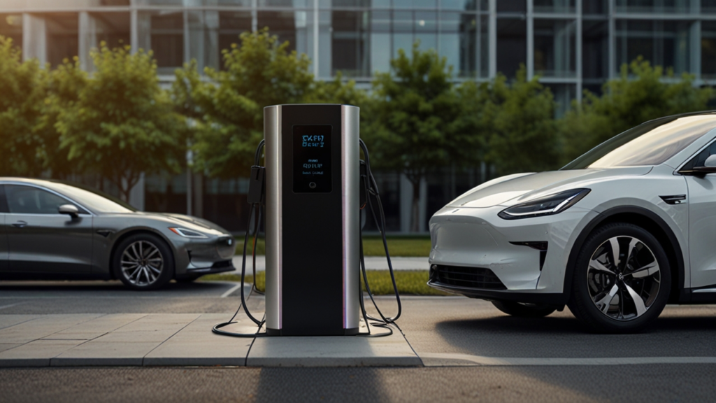 EVs charging at modern station showing zero-emission transportation technology with extended range capabilities