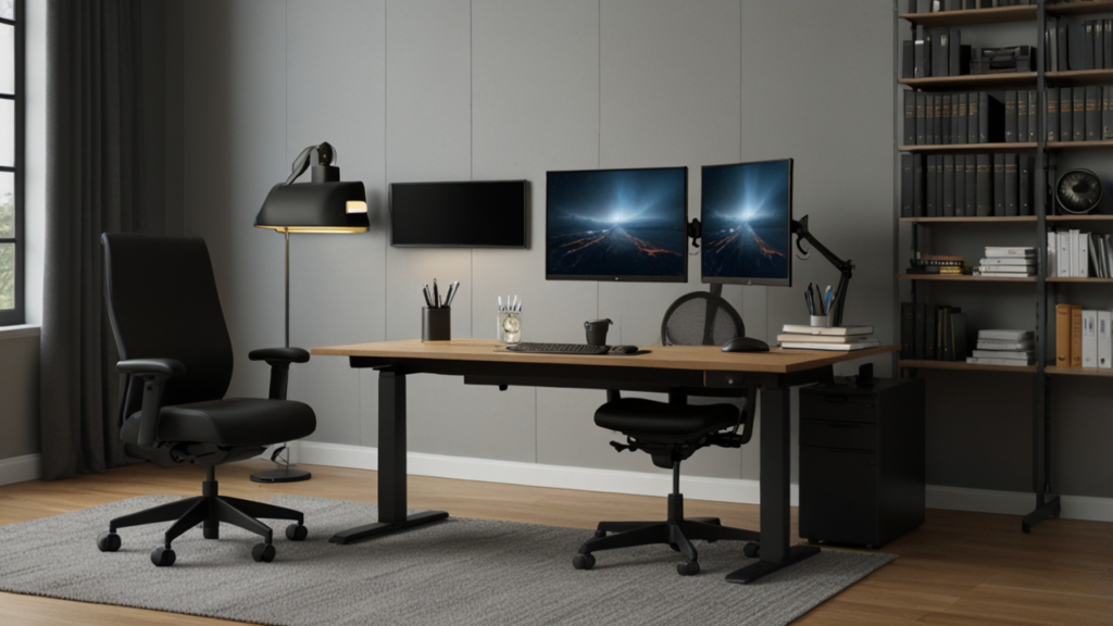 Ergonomic workspace displaying properly arranged desk, adjustable chair and monitor positioning for optimal posture