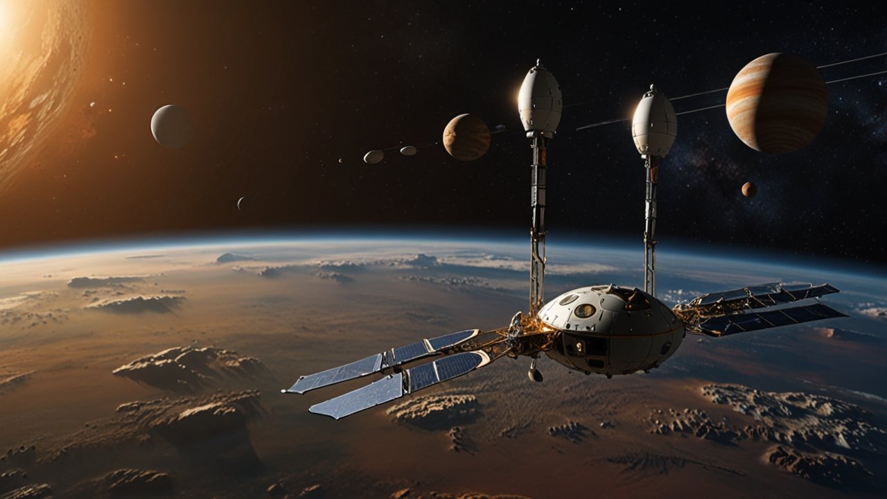 Long-duration spacecraft approaching exoplanet with autonomous habitat construction modules and terraforming equipment deployment