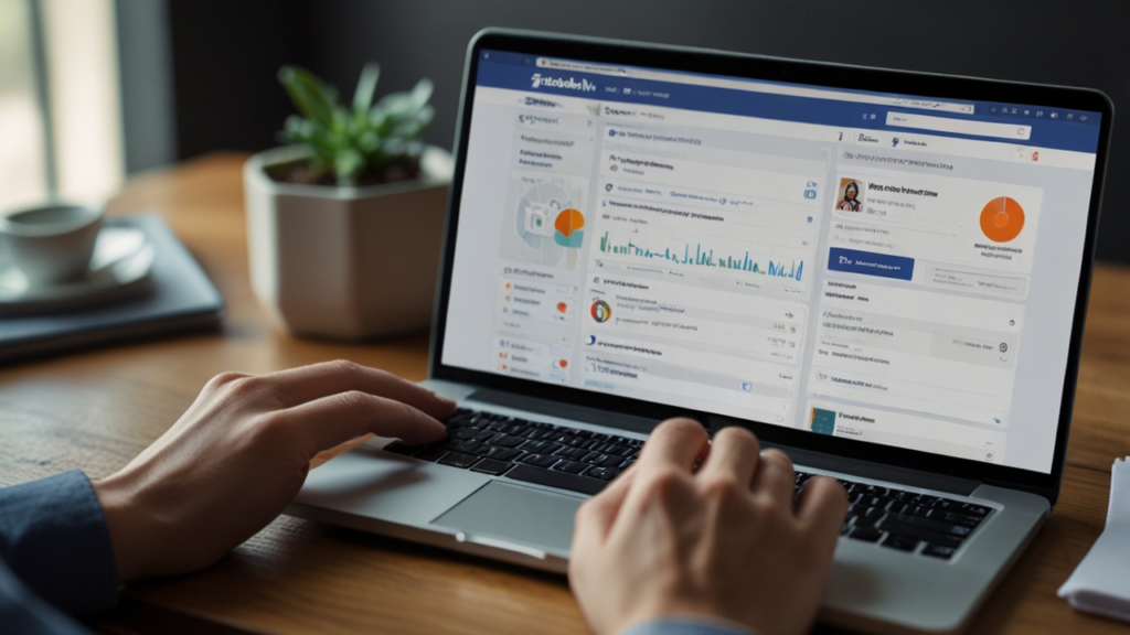 Facebook Ads platform displaying campaign creation interface with targeting options, budget controls, and performance analytics