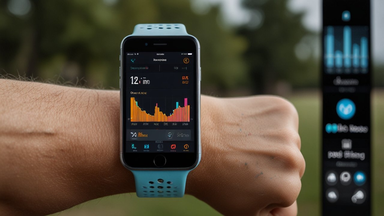 Fitness tracker displaying health metrics including heart rate, step count and sleep quality on wrist-worn device
