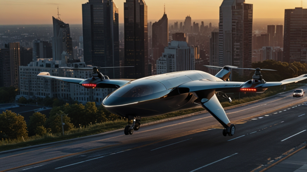 Flying Car hovering above traffic with extended wings and activated rotors in urban environment