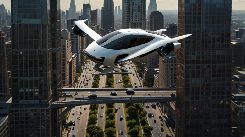 Flying Car transitioning between road and flight modes above urban congestion