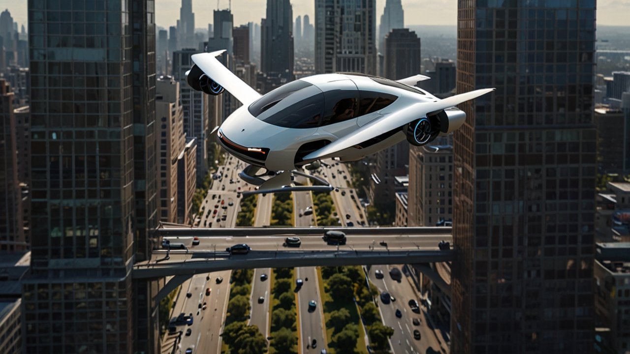 Flying Car transitioning between road and flight modes above urban congestion
