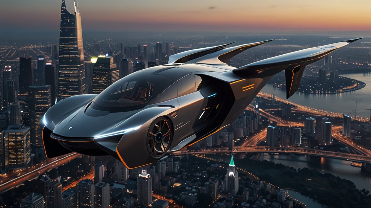 Flying Car with extended VTOL wings in urban setting demonstrating vertical takeoff capability