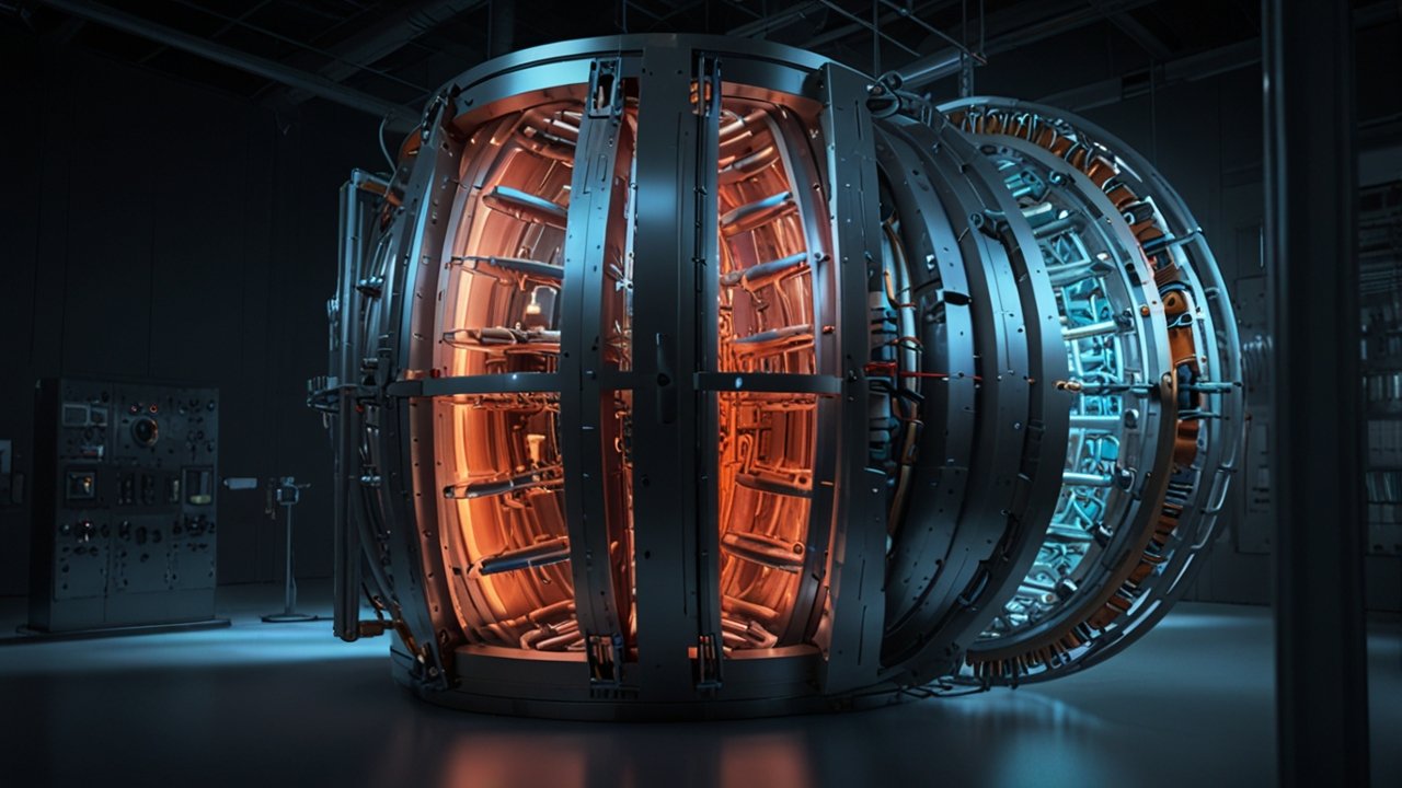 Fusion Energy tokamak reactor with visible plasma containment field during active fusion process