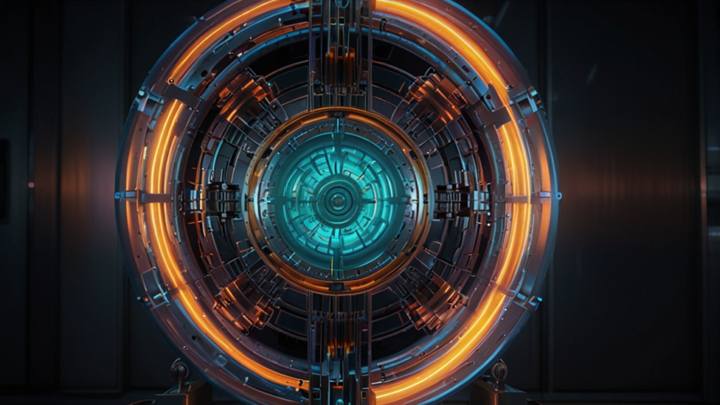 Fusion Reactor tokamak chamber containing superheated plasma confined by powerful magnetic fields