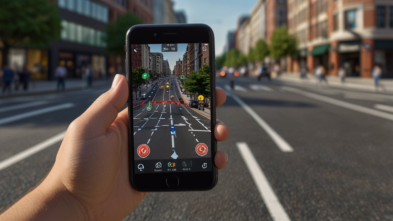 Google Maps displaying augmented reality navigation with directional arrows overlaid on real street view