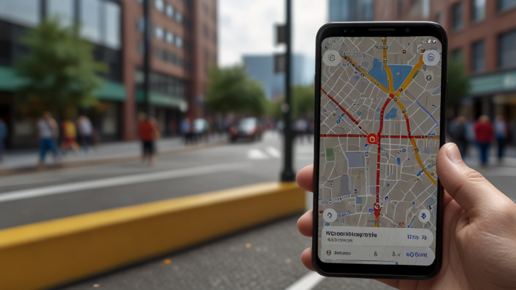 Google Maps application showing advanced navigation interface with augmented reality directions and real-time traffic data