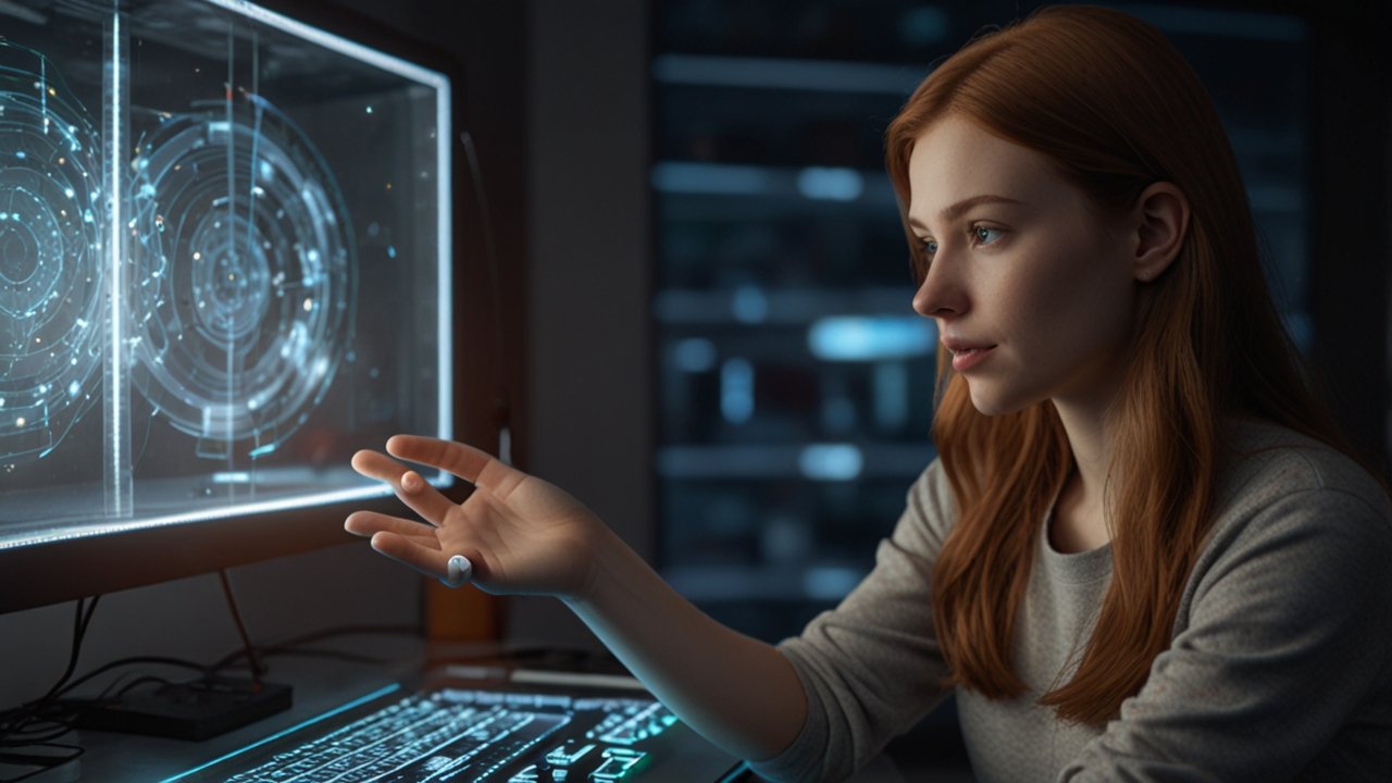 Person interacting with floating holographic interface receiving tactile feedback through ultrasonic haptic technology