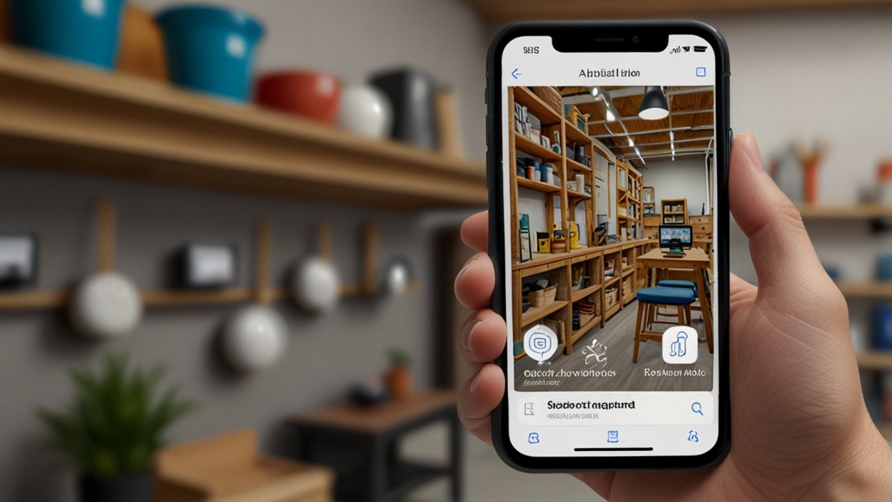Home Depot mobile application showing augmented reality furniture placement feature with product information overlay