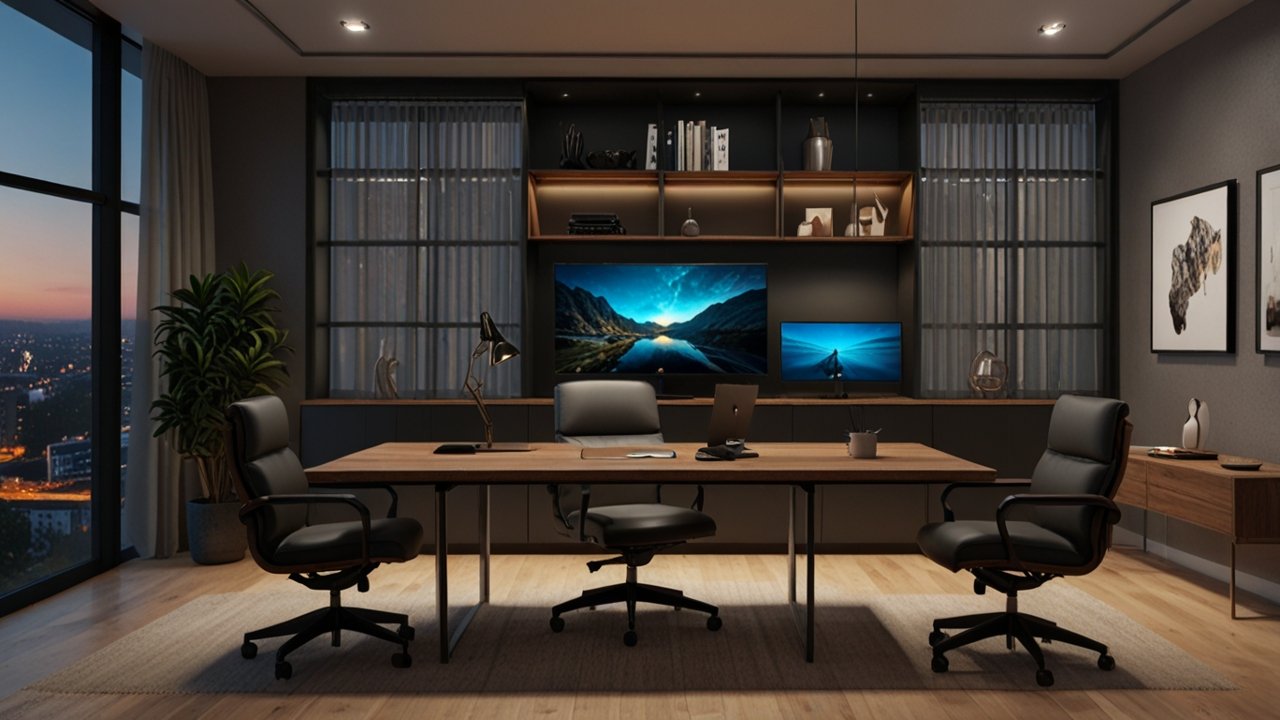 Home office setup displaying ergonomic workstation with adjustable furniture and optimized technology configuration