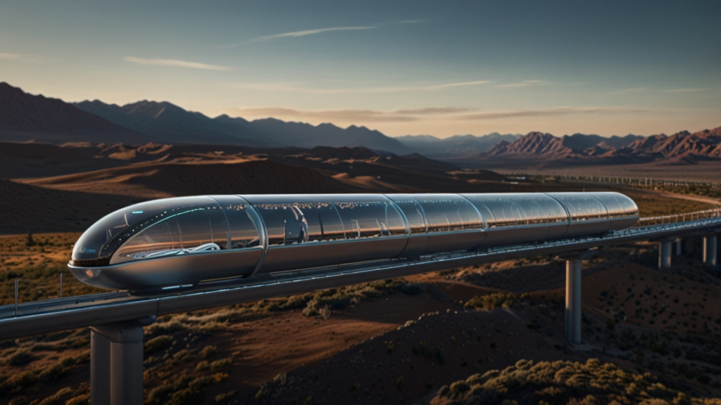 Hyperloop Transport pod traveling through transparent vacuum tube using magnetic levitation technology