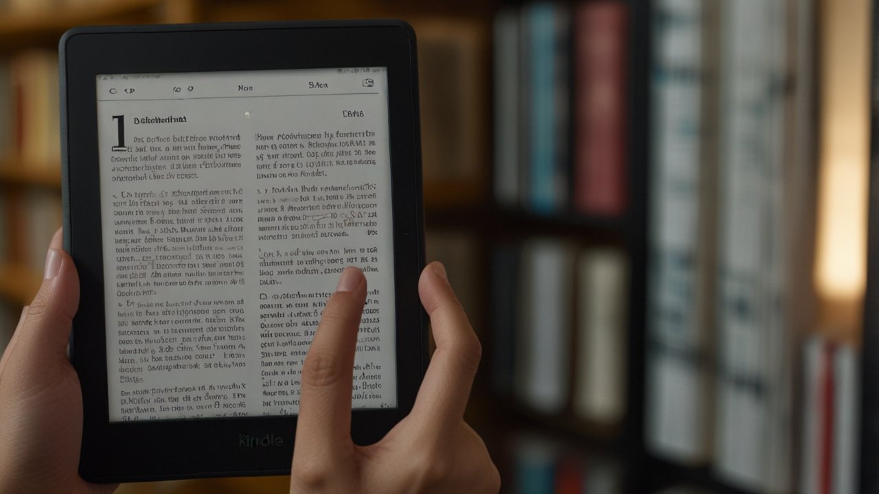 Kindle e-reader displaying paper-like reading interface with extensive digital book library and annotation capabilities