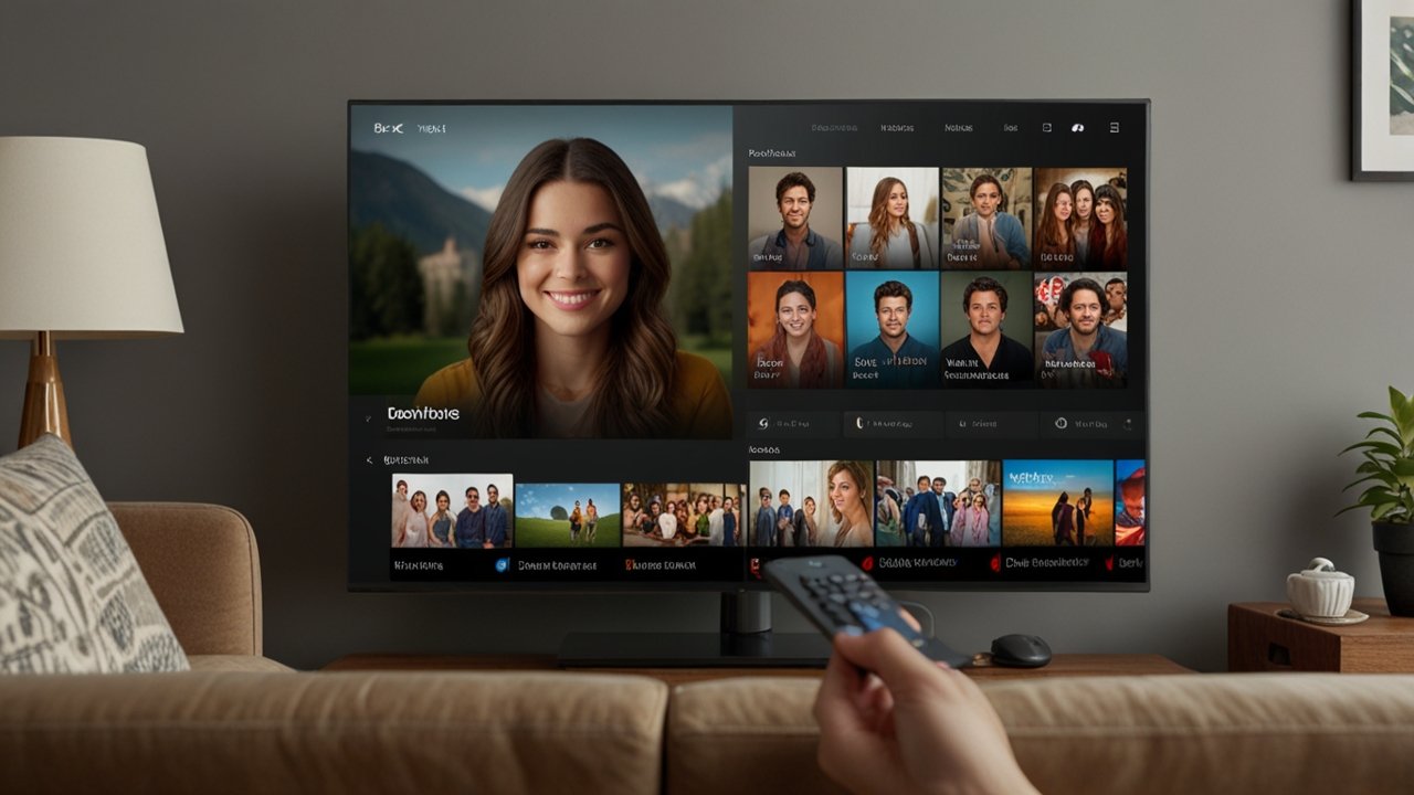 Live TV Streaming Service interface displaying personalized channel recommendations with multi-device synchronization options