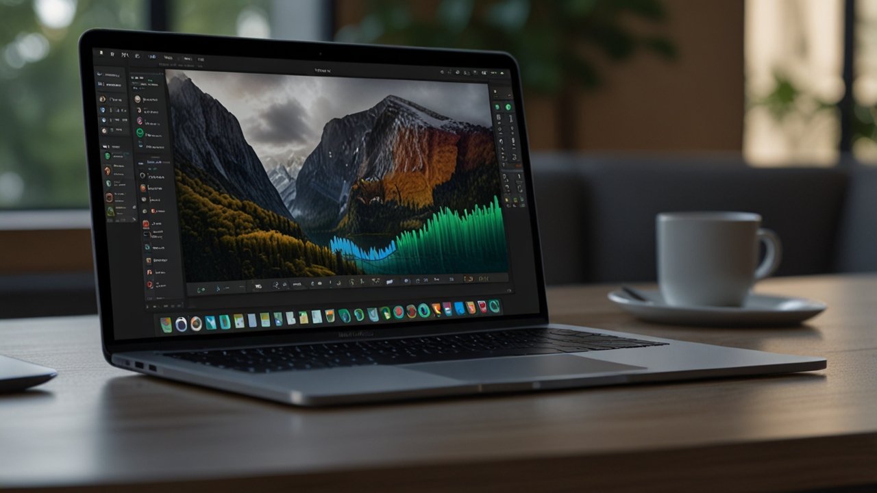 MacBook displaying professional creative application with Apple Silicon processing power and ecosystem connectivity