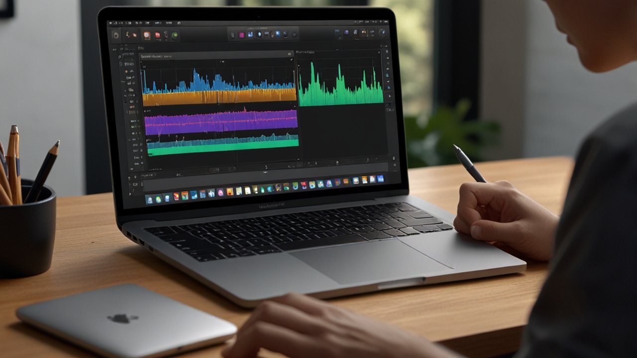 MacBook displaying professional creative applications powered by Apple Silicon with stunning Retina display and precision input devices